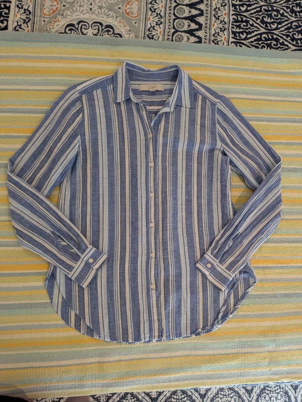 ⭐ LOFT XS Blue Striped Long Sleeve Linen Blend Button Up Blouse Coastal Casual